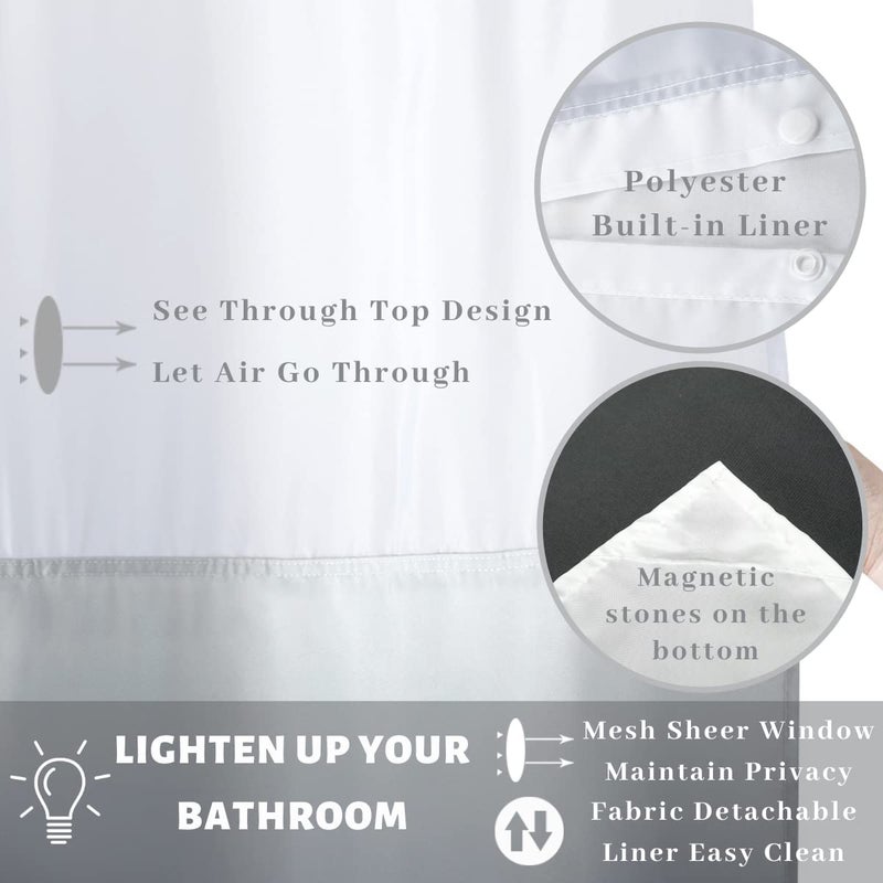 Ecoehoe 71" W x 79â€œ L Hook Free Fabric Shower Curtain with Polyester Snap-in Liner with Magnetsâ€“Hotel Quality Top See Through Gradient Grey - Image 4